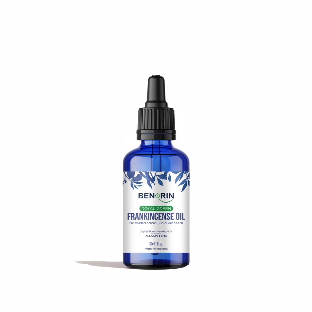 Cobalt blue 30ml dropper bottle of BENGRIN Royal Green Frankincense Oil (Boswellia sacra, cold pressed) for all skin types,